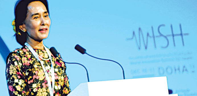 Suu Kyi delivering a keynote speech at a plenary during WISH yesterday. PICTURE: Jayan Orma