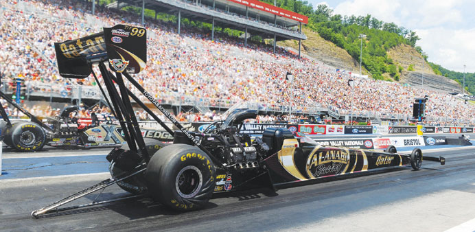 Qatar Al-Anabi Racing Top Fuel driver Khalid al-Balooshi takes off at the NHRA Thunder Valley Nationals in Bristol, Tennessee.
