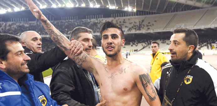 AEK Athensu2019 Giorgos Katidis celebrates a goal against Veria at Athensu2019 Olympic Stadium with a Nazi salute on Saturday. (Reuters)