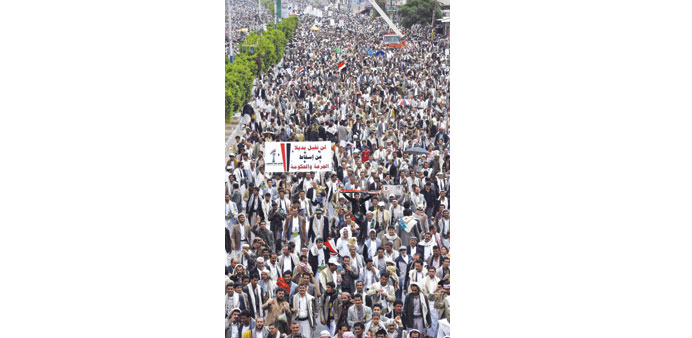 Supporters of the Houthi rebels demonstrate in Sanaa yesterday.