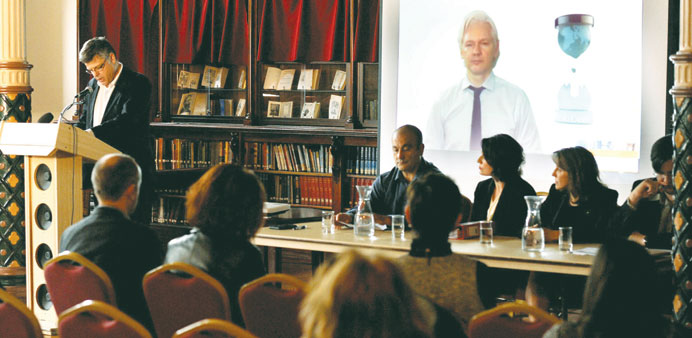 WikiLeaks Party candidate Julian Assange speaks from London during the official launch and announcement of Senate candidates in Melbourne yesterday.
