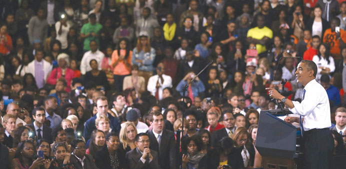 US President Barack Obama speaks about healthcare at the Prince Georges Community College in Largo, Maryland yesterday.