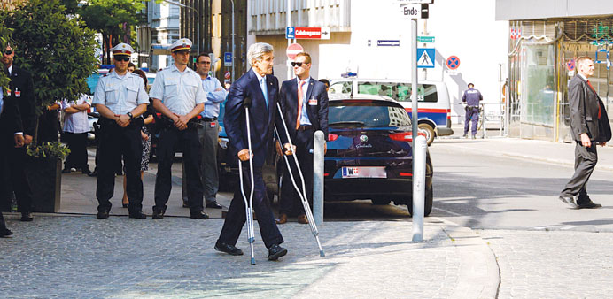 Kerry walks out to deliver a statement on the Iran talks in Vienna yesterday. 