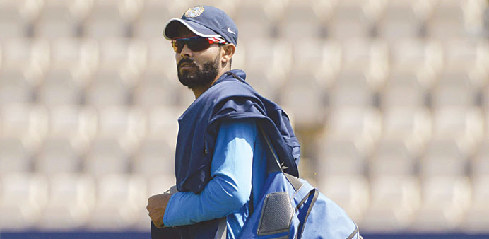    Indiau2019s Ravindra Jadeja looks on during a training session before the third Test match against England at the Rose Bowl cricket ground in Southampt