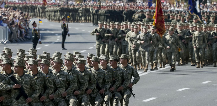 Soldiers march during Ukraine's Independence Day military parade in the centre of Kiev, Ukraine