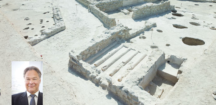 A view of an excavated part of Al Zubarah Archaeological Site. INSET: Prof Thomas Leisten
