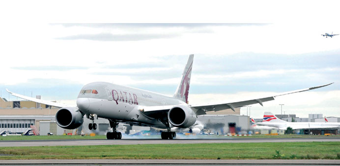 Qatar Airways Boeing 787 Dreamliner touches down at London Heathrow yesterday.