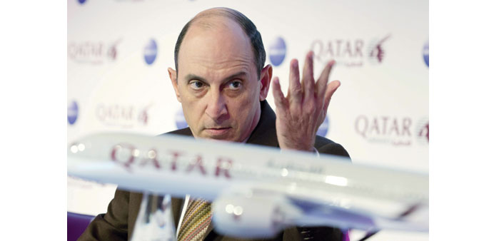 Al-Baker attends a news meet at the ITB Berlin yesterday. Qatar Airways was set to take delivery of its second Airbus A350 yesterday with seven more e
