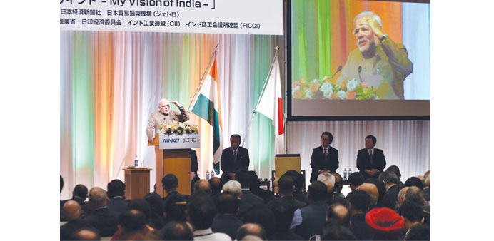 Prime Minister Narendra Modi delivers a speech u201cMy vision of Indiau201d in Tokyo yesterday.