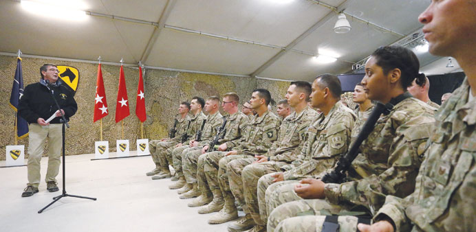 US Secretary of Defence Ash Carter holds a question-and-answer session with US military personnel at Kandahar Airfield in the Afghan city of Kandahar 