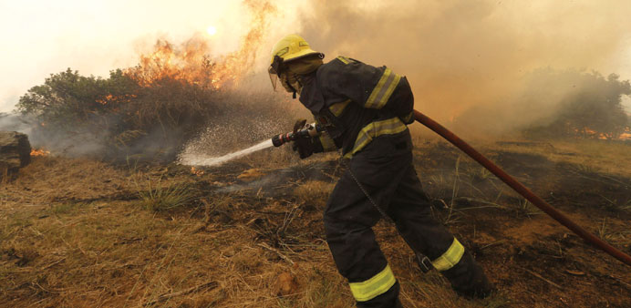 Firefighters battle to control a bushfire in Cape Townu2019s Tokai forest.