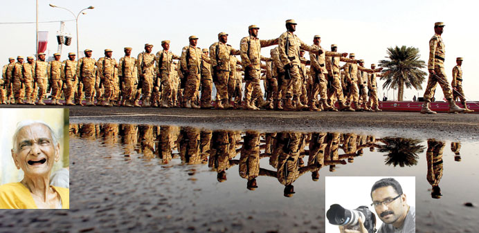 * A photograph of Qatari troops by A K Bijuraj that won the Doha Film Institute photography award. Below: A picture of a senior citizen, taken as part