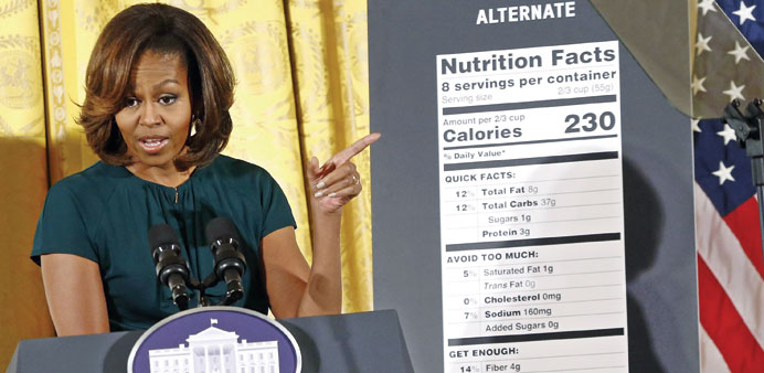 Michelle Obama unveiling proposed updates to nutrition facts labels during remarks in the East Room of the White House.