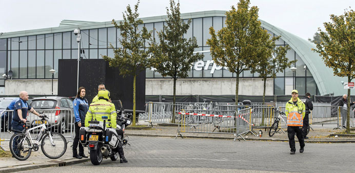 The Snellerpoort sports hall in Woerden, Denmark yesterday, after a group of masked men attacked the emergency shelter.