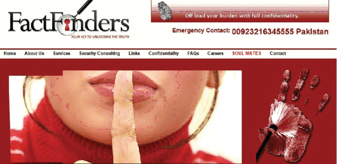 A screengrab from the website of FactFinders.com.pk, a private detective agency specialised in catching cheating spouses and performing background che