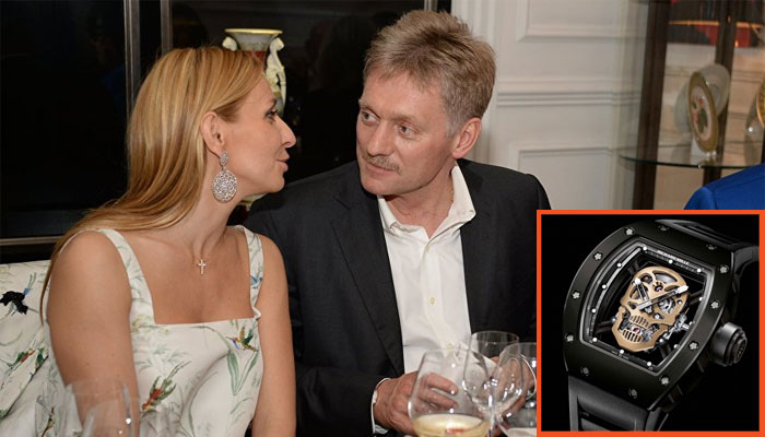 Dmitry Peskov (R) with Tatiana Navka. Inset: The $620000 watch