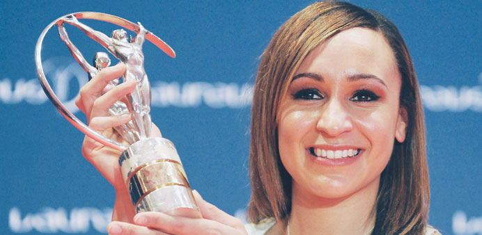 British track atlete Jessica Ennis poses with the u201cLaureus World Sportswoman of the Yearu201d during the 2013 (AFP)