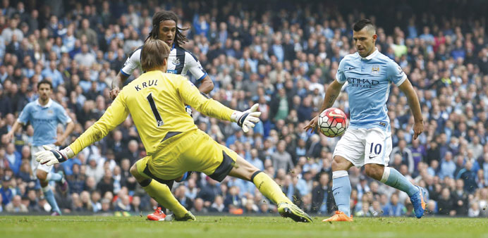 Manchester Cityu2019s Sergio Aguero scores the third of his five goals against Newcastle. (Reuters)