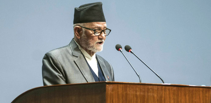 Nepalese Prime Minister Sushil Koirala addresses lawmakers in parliament in Kathmandu yesterday. 