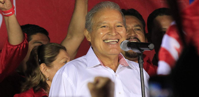 Salvador Sanchez Ceren, presidential candidate for the Farabundo Marti Front for National Liberation (FMLN), speaks to his supporters after the offici