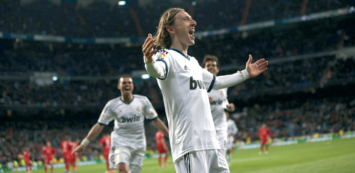 Real Madridu2019s Luka Modric celebrates his goal against Mallorca during their La Liga tie on Saturday. (Reuters)