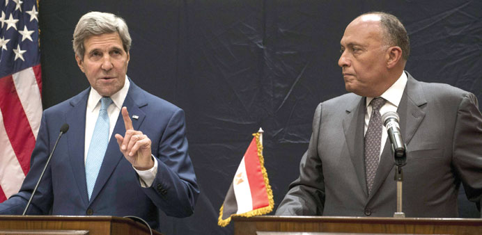 US Secretary of State John Kerry and Egyptu2019s Foreign Minister Sameh Shoukri during the news conference in Cairo yesterday.