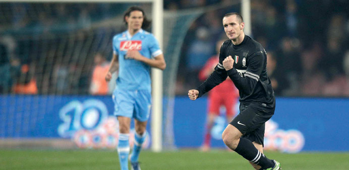 Juventusu2019 Giorgio Chiellini celebrates after scoring against Napoli during their Italian Serie A match in Naples on Friday. (Reuters)