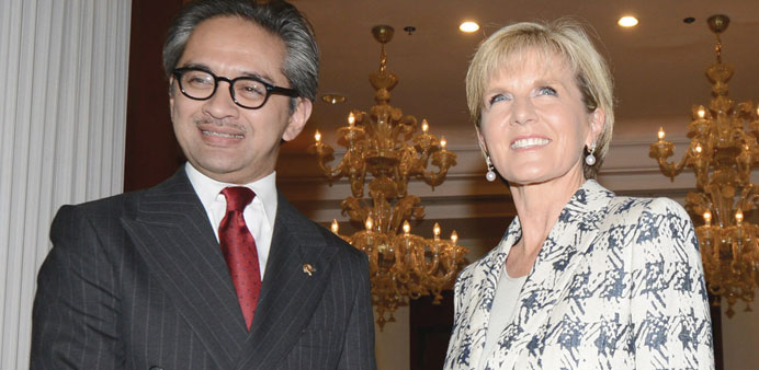 Australiau2019s Foreign Minister Julie Bishop with her Indonesian counterpart Marty Natalegawa before their bilateral meeting in Nusa Dua on Indonesiau2019s r