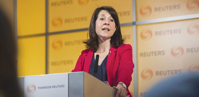 Labour Party leadership candidate Liz Kendall speaks at an Reuters newsmaker event at Canary Wharf in London yesterday. 