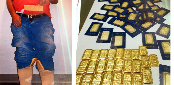(L) Gold pieces were concealed by the traveller under his clothes. (R) The gold pieces recovered from the traveller.