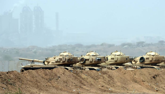 Saudi army tanks near the Saudi-Yemeni border, in southwestern Saudi Arabia.