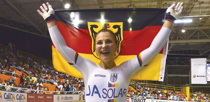 Germanyu2019s Kristina Vogel celebrates her gold during the UCI Track Cycling World Championship sprint race at Alcides Nieto Patino Velodromein Cali, Col