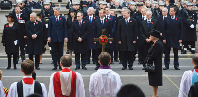 Queen Elizabeth II leads the Remembrance Sunday ceremony at the Cenotaph on Whitehall, London, yesterday.
