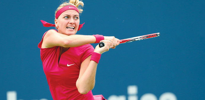 Petra Kvitova returns a shot to Barbora Zhlavova Strycova during their Connecticut Open quarter-final on Thursday. (AFP)