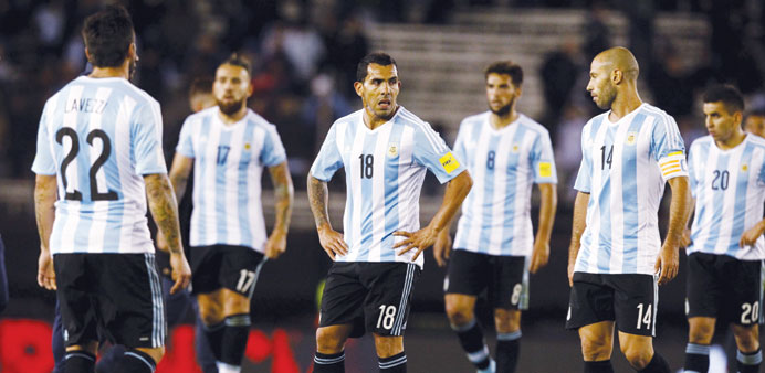 Argentinau2019s players react at the end of their 2018 World Cup qualifying match against Ecuador at the Antonio Vespucio Liberti stadium in Buenos Aires,