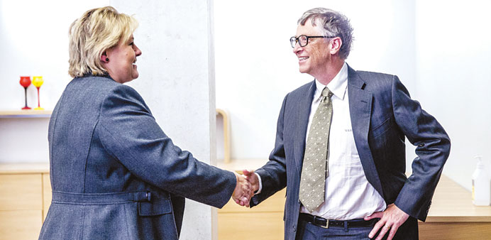 Bill Gates meets Norwegian Prime Minister Erna Solberg in Oslo, Norway, yesterday.