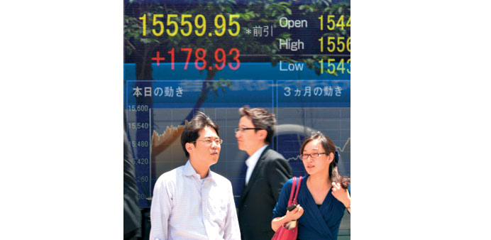 Pedestrians pass by a share prices board in Tokyo yesterday. Tokyo stocks finished up 1.6%, or 246.24 points, at 15,627.26, the best finish since late