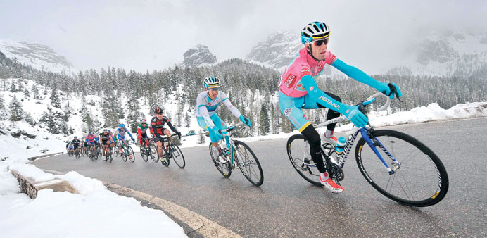 Italian cyclist Vincenzo Nibali of the Astana team on his way to win 20th stage of the 96th Giro du2019Italia cycling race from Silandro to the Tre Cime d