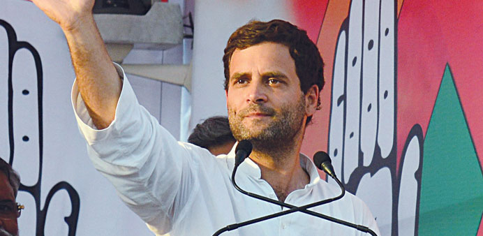 Congress vice president Rahul Gandhi addresses an election rally in Allahabad yesterday.