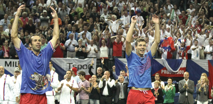 Radek Stepanek (left) and Tomas Berdych of Czech Republic celebrate their victory over Argentinau2019s Carlos Berlocq and Horacio Zeballos in their Davis 