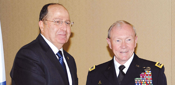 Chairman of the US Joint Chiefs of Staff General Martin Dempsey and Israeli Defence Minister Moshe Yaalon meet in Jerusalem yesterday. 