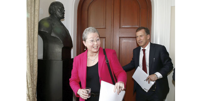 Newly appointed chair of the Norwegian Nobel Committee, Kaci Kullmann Five (left) and secretary of the committee, Olav Njolstad, arrive for press brie