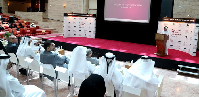 The finance minister delivers a presentation during the Deanu2019s Lecture Series hosted by Carnegie Mellon University in Qatar. PICTURE: Anas Khalid.