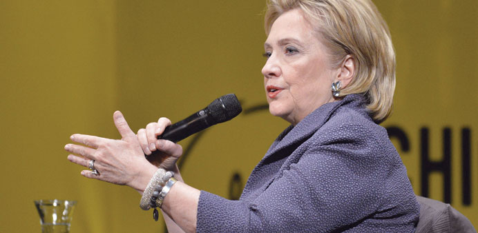 Hillary Clinton speaks at a Chicago Ideas Week event on Wednesday. Clinton is kicking off a book tour for her new memoir, Hard Choices, which hit shel