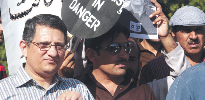 Pakistani journalists rally to protest the attack on Hamid Mir in Islamabad, yesterday.