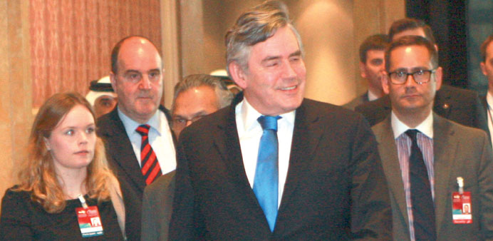 Former prime minister of the UK Gordon Brown arriving for the Doha Forum yesterday. 