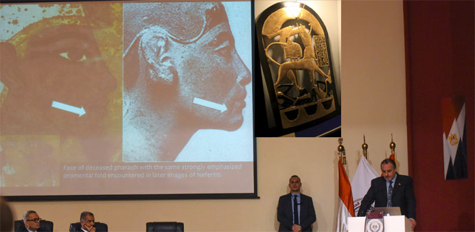 British archaeologist, Nicholas Reeves speaks during a press conference with Egypt's Minister of Antiquities, Mamdouh Damati (2ndL)