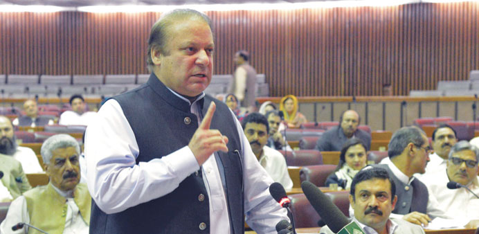Prime Minister Nawaz Sharif addresses the parliament in Islamabad yesterday.