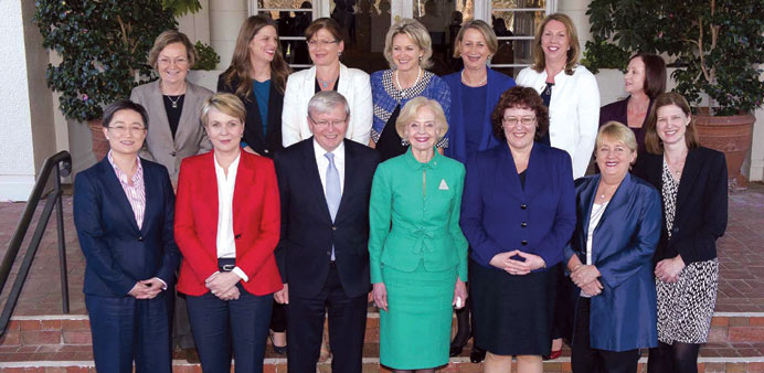 Australian Prime Minister Kevin Rudd and Australian Governor General Quentin Bryce with the female members of Ruddu2019s new cabinet at Government House i