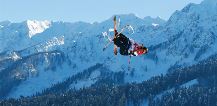 Skier James Woods of Britain performs a jump during a slopestyle freestyle skiing training for the 2014 Sochi Winter Olympics in Rosa Khutor. (Reuters